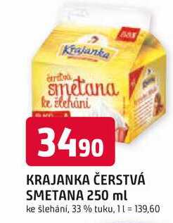 KRAJANKA ČERSTVÁ SMETANA 250 ml ke šlehání, 33% tuku