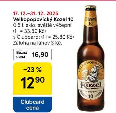 Velkopopovický Kozel 10, 0.5 l, sklo, světlé výčepní