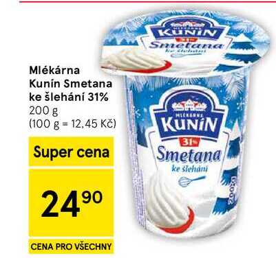 Mlékárna Kunín Smetana ke šlehání 31%, 200 g 