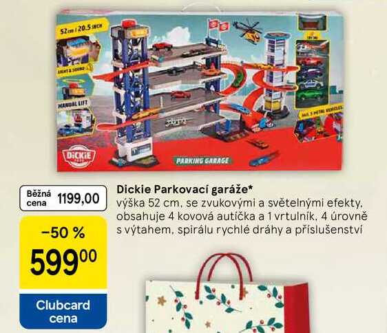 Dickie Parkovací garáže, výška 52 cm, se zvukovými a světelnými efekty. obsahuje 4 kovová autíčka a 1 vrtulník, 4 úrovně s výtahem, spirálu rychlé dráhy a příslušenství  