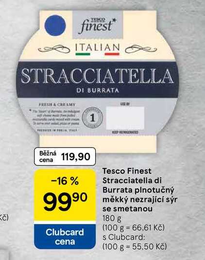 Tesco Finest Stracciatella di Burrata plnotučný měkký nezrající sýr se smetanou, 180 g 