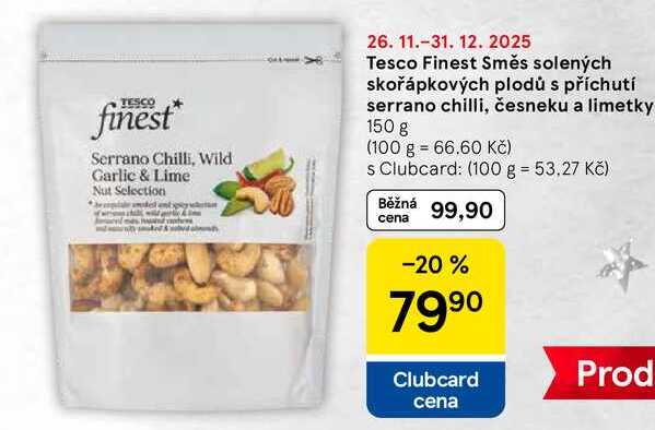 Tesco Finest Směs solených skořápkových plodů s příchutí serrano chilli, česneku a limetky, 150 g 