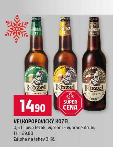 VELKOPOPOVICKÝ KOZEL 0,5l pivo ležák, výčepní vybrané druhy