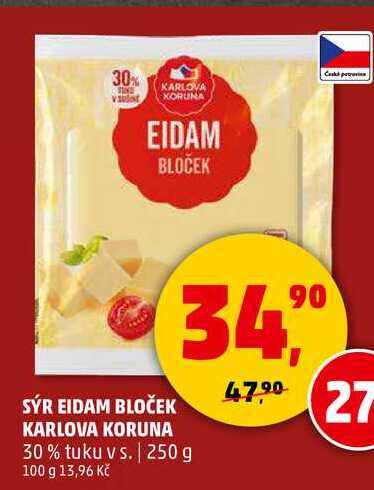 SÝR EIDAM BLOČEK KARLOVA KORUNA, 250 g