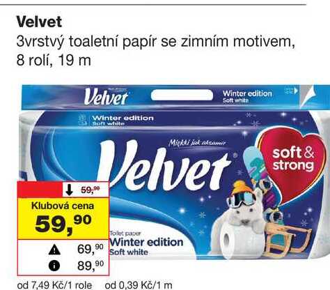Velvet 3vrstvý toaletní papír se zimním motivem, 8 rolí