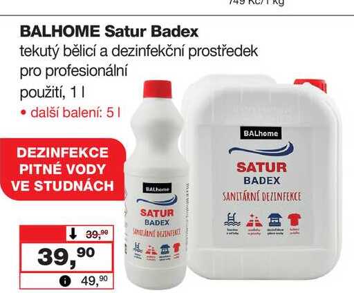 BALHOME Satur Badex tekutý bělicí a dezinfekční prostředek pro profesionální použití, 1l