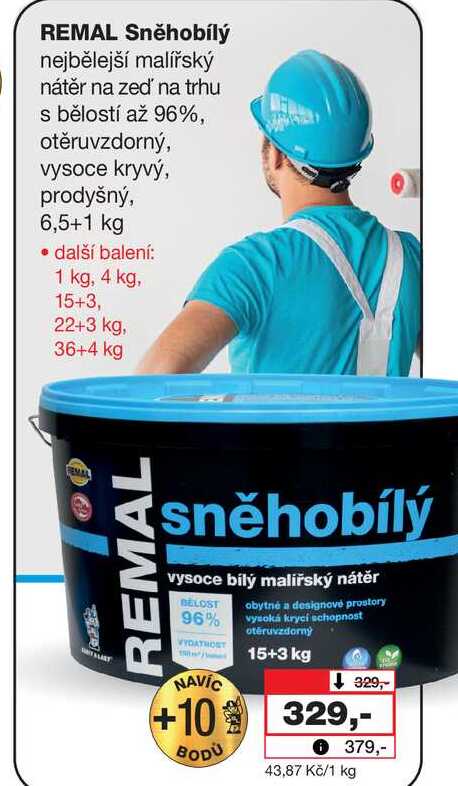 REMAL Sněhobílý nejbělejší malířský nátěr na zeď na trhu s bělostí až 96%, otěruvzdorný, vysoce kryvý, prodyšný, 6,5+1 kg