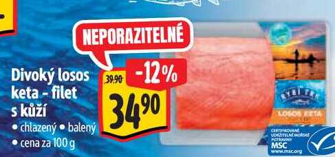 Divoký losos keta - filet s kůží, cena za 100 g