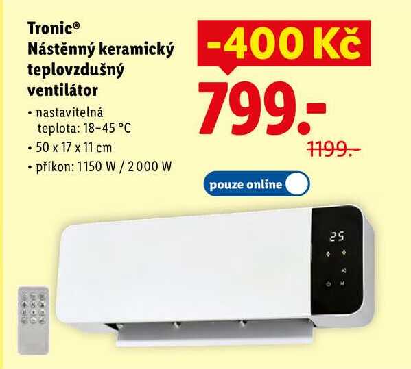 Tronic Nástěnný keramický teplovzdušný ventilátor