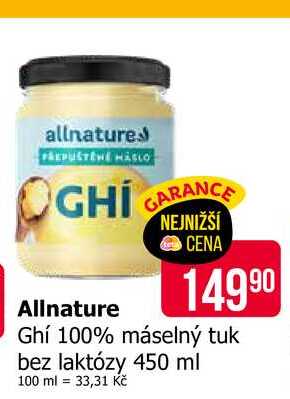 Allnature Ghí 100% máselný tuk bez laktózy 450 ml 