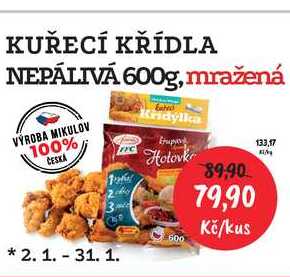 KUŘECÍ KŘÍDLA NEPÁLIVÁ 600g, mražená 
