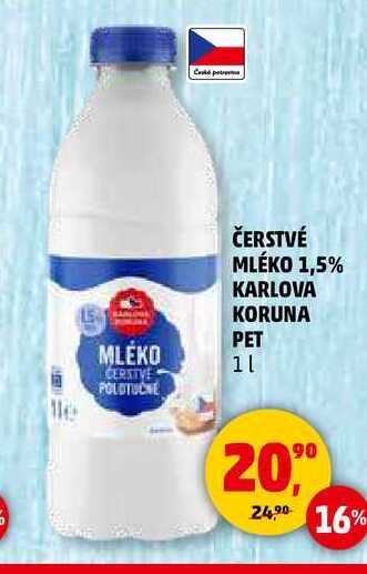 ČERSTVÉ MLÉKO 1,5% KARLOVA KORUNA PET, 1 l