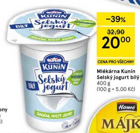 Mlékárna Kunín Selský jogurt bílý, 400 g