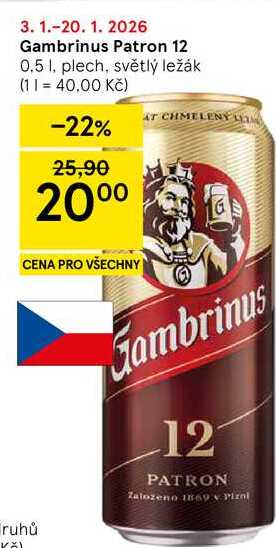 Gambrinus Patron 12, 0.5 l, plech, světlý ležák