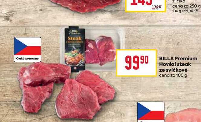 BILLA Premium Hovězí steak ze svíčkové cena za 100 g 