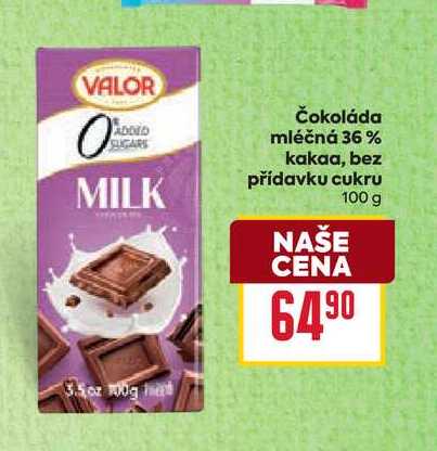 Čokoláda mléčná 36 % kakaa, bez přídavku cukru 100g 