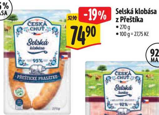 Selská klobása z Přeštíka, 270 g 