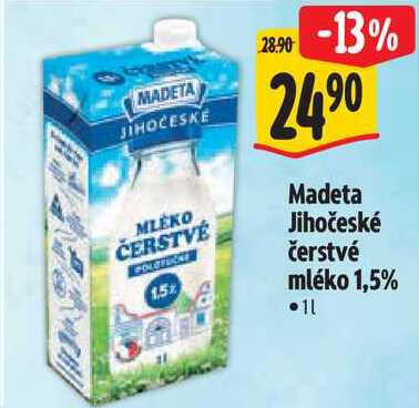 Madeta Jihočeské čerstvé mléko 1,5%, 1 l
