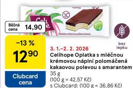 Celihope Oplatka s mléčnou krémovou náplní polomáčená kakaovou polevou s amarantem, 35 g
