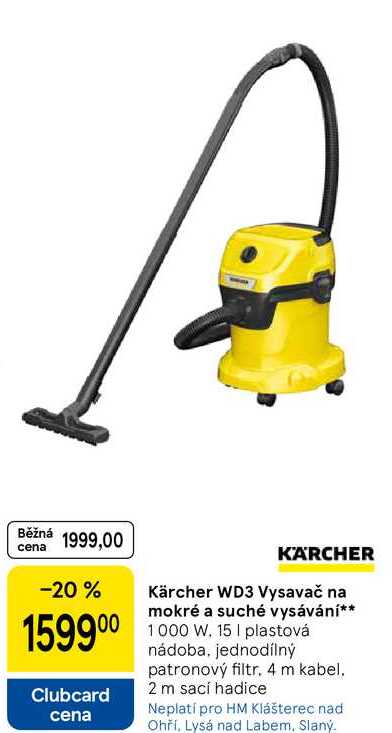 Kärcher WD3 Vysavač na mokré a suché vysávání, 1000 W, 15 I plastová nádoba, jednodílný patronový filtr, 4 m kabel, 2 m sací hadice 