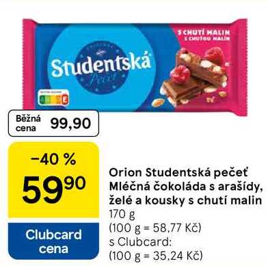 Orion Studentská pečeť Mléčná čokoláda s arašídy, želé a kousky s chutí malin, 170 g