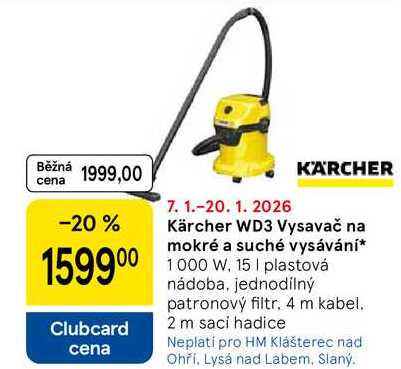 Kärcher WD3 Vysavač na mokré a suché vysávání, 1000 W, 15 I plastová nádoba, jednodílný patronový filtr, 4 m kabel. 2 m sací hadice  