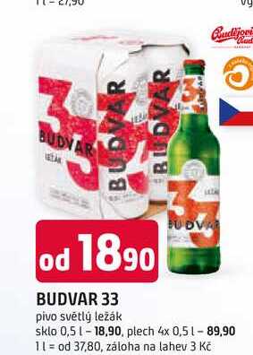 BUDVAR 33 pivo světlý ležák sklo 0,5l
