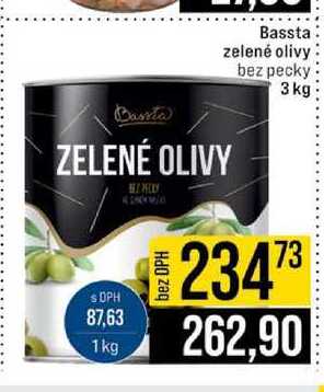 Bassta zelené olivy bez pecky 3 kg 
