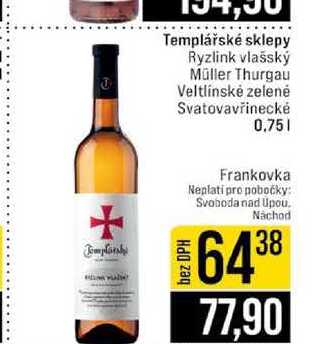 Templářské sklepy Ryzlink vlašský Müller Thurgau Veltlínské zelené Svatovavřinecké 0,75l