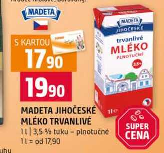 MADETA JIHOČESKÉ MLÉKO TRVANLIVÉ 1l 3,5 % tuku plnotučné 
