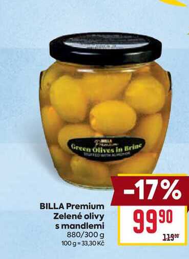 BILLA Premium Zelené olivy s mandlemi 880/300 g