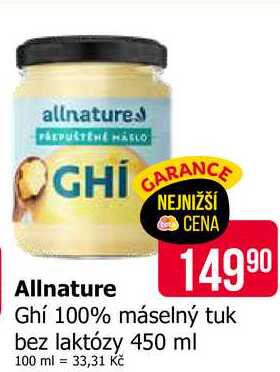 Allnature Ghí 100% máselný tuk bez laktózy 450 ml 