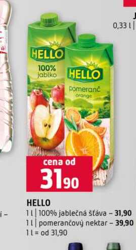 HELLO pomeranč orange 1l 100% jablečná šťáva 1l pomerančový nektar