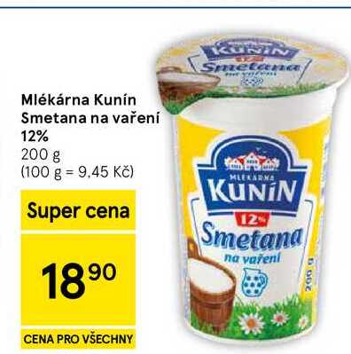 Mlékárna Kunín Smetana na vaření 12%, 200 g