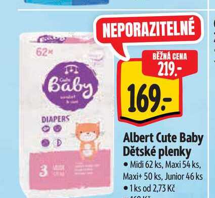  Albert Cute Baby Dětské plenky Midi 62 ks, Maxi 54 ks, Maxi+ 50 ks, Junior 46 ks 