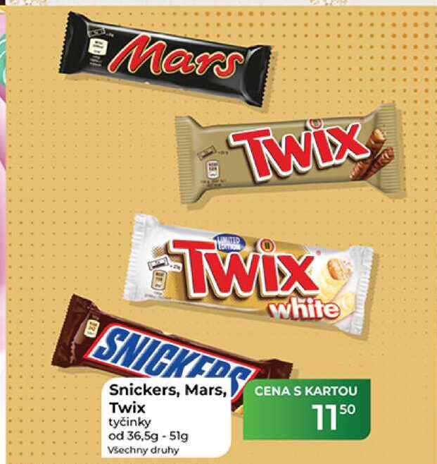 Snickers, Mars, Twix tyčinky od 36,5g - 51g  