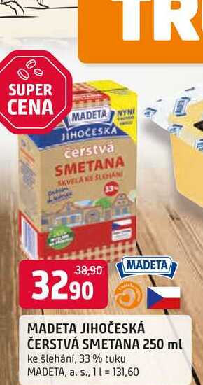 MADETA JIHOČESKÁ ČERSTVÁ SMETANA 250 ml ke šlehání, 33% tuku
