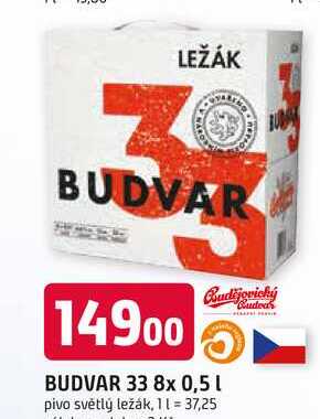 LEŽÁK BUDVAR 33 8x 0,5l pivo světlý ležák