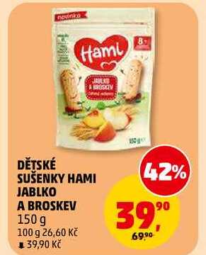 DĚTSKÉ SUŠENKY HAMI JABLKO A BROSKEV, 150 g