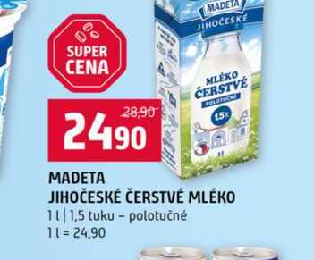 MADETA JIHOČESKÉ ČERSTVÉ MLÉKO 1l 1,5 tuku polotučné 
