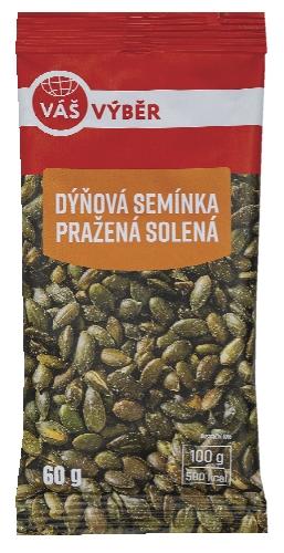 VÁŠ VÝBĚR Dýňová semínka pražená solená, Směs ořechů a ovoce, 60 g