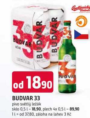 BUDVAR 33 pivo světlý ležák 0,5L