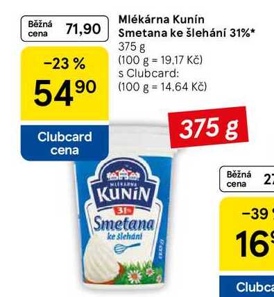 Mlékárna Kunín Smetana ke šlehání 31%, 375 g 