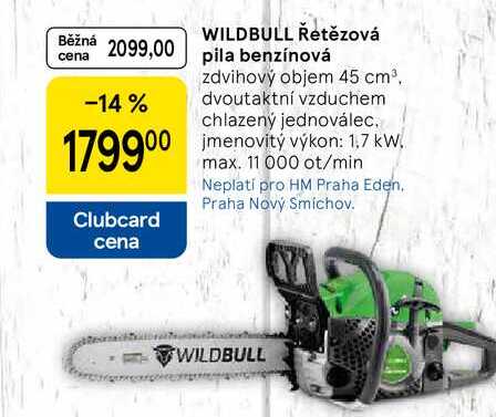 WILDBULL Řetězová pila benzínová zdvihový objem 45 cm³. dvoutaktní vzduchem 179900 imenovitý výkon: 1,7 kW, max. 11 000 ot/min  
