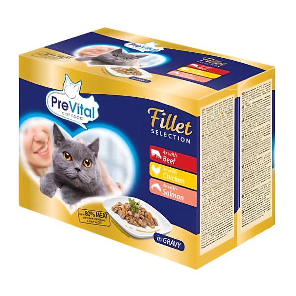 PreVital Dušené filetky hovězí, kuřecí a losos v omáčce 12x85g