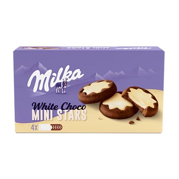 Milka sušenky White Choco Mini Stars kakaové, mléčná náplň a bílá čokoláda