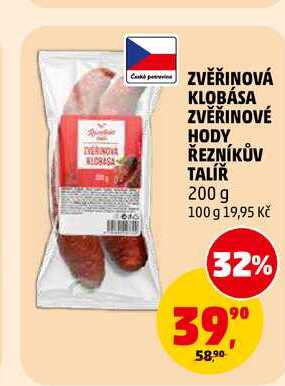 ZVĚŘINOVÁ KLOBÁSA ZVĚŘINOVÉ HODY ŘEZNÍKŮV TALÍŘ, 200 g