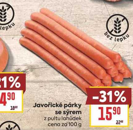 Javořické párky se sýrem z pultu lahůdek cena za 100 g