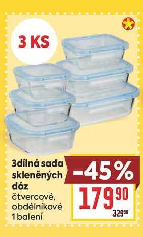 3dílná sada skleněných dóz čtvercové, obdélníkové 1 balení