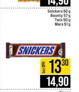Snickers 50 g Bounty 57 g Twix 50 g Mars 51 g